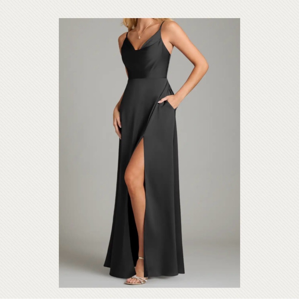 Azazie Sarella: Black A-line pleated stretch satin